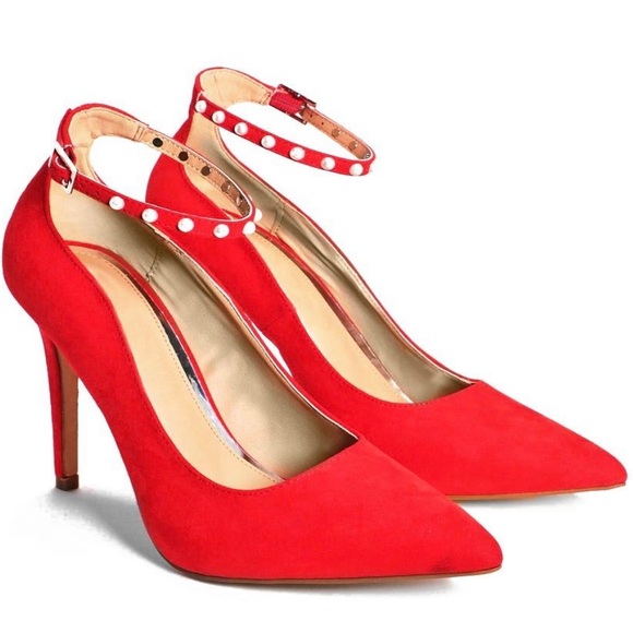 Nasty Gal Truffle Collection Red Pointed Toe Heels w/ Pearl Studded Ankle Straps - Picture 1 of 16
